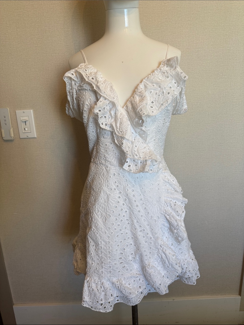 The Salty Label White Eyelet Ruffle Wrap Dress - M